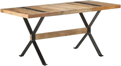 Industrial Narrow Rectangular Dining Table Solid Mango Wood Brown Rough Finish Seats 4 Modern Design Powder Coated Black Legs for Dining Room Kitchen Use