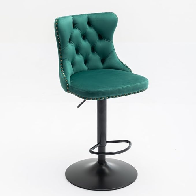 Adjustable Swivel Bar Stool with Tufted Velvet Upholstery, Chrome Base and Back Support for Kitchen Island, Home Bar or Pub (Green + Velvet + Foam-1)