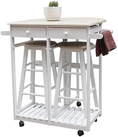 3 Piece Dining Table Set, Kitchen Island Table with Wheels and 2 Drawers, 2 Round Chairs, Kitchen Cart Dining Table Set with Folding Drop Leaf, Small Kitchen Table Set (White)