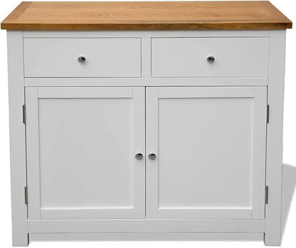 Solid Oak Wood Sideboard, 35.4"x13.2"x32.7", Brown & White Buffet Cabinet with Drawers, Storage for Kitchen Dining Room Kitchen Furniture