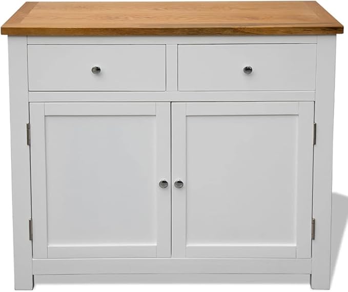 Solid Oak Wood Sideboard, 35.4"x13.2"x32.7", Brown & White Buffet Cabinet with Drawers, Storage for Kitchen Dining Room Dining Storage