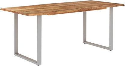 Solid Acacia Wood Dining Table with Powder-Coated Steel Legs Industrial-Style Kitchen Dining Room Home Office Indoor Furniture Restaurant Table Side Table 70.9" x 35.4" x 29.9"