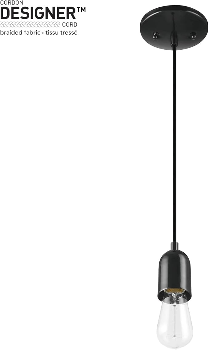 GLOBE Electric x Novogratz 60614 1-Light Pendant Light Fixture, Glossy Black, Faux Ceramic Socket, Braided Fabric Cord, Kitchen Island Lighting, Living Room Pendant Light, Hanging Lights for Bedroom