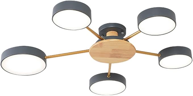 5-Lights LED Ceiling Light Fixture,32 Inch Modern Ceiling Lights Flush Mount Wooden 40W Dimmable Chandelier for Living Room Bedroom Kitchen,3000K/4000K/6000K Temperatures Selectable Grey