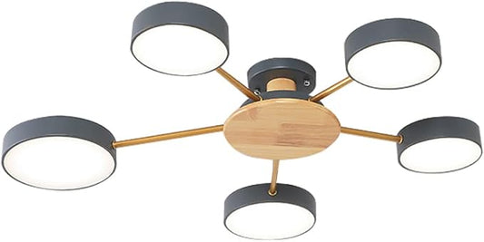 5-Lights LED Ceiling Light Fixture,32 Inch Modern Ceiling Lights Flush Mount Wooden 40W Dimmable Chandelier for Living Room Bedroom Kitchen,3000K/4000K/6000K Temperatures Selectable Grey