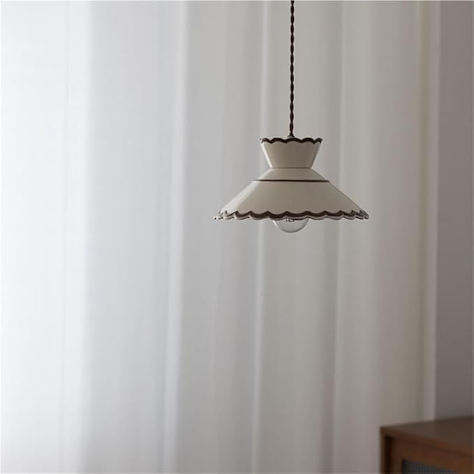 Vintage Scalloped Pendant Light, Cottagecore Farmhouse Style Hanging Lamp, Cream White Ceramic Shade, Adjustable Cord Ceiling Fixture for Kitchen Island, Dining Room, Bedroom, Cafe