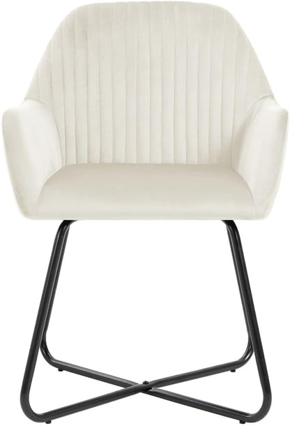 Modern Velvet Dining Chairs Set of 2 Cream Upholstered Accent Chairs with Steel Legs for Kitchen Living Room Farmhouse Furniture