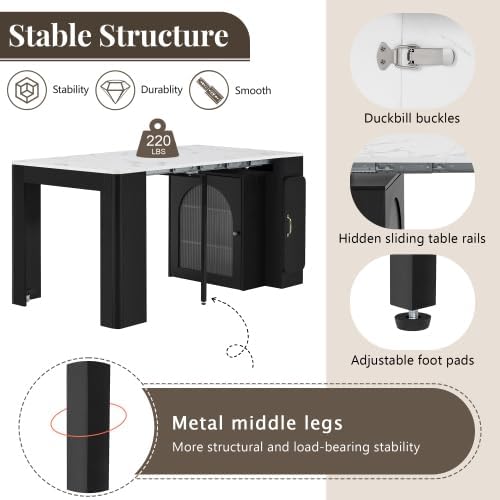 15.6"-59" Extendable Dining Room Table for 6 with 3 Removable Middle Leaves, Mobile Rolling Island Table with Power Outlet & LED Storage Cabinet for Dining Room, Black and Marble White