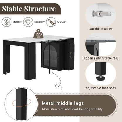 15.6"-59" Extendable Dining Table for 6 with 3 Removable Middle Leaves, Mobile Rolling Island Table with Power Outlet & LED Storage Cabinet for Dining Room, Black and Marble White