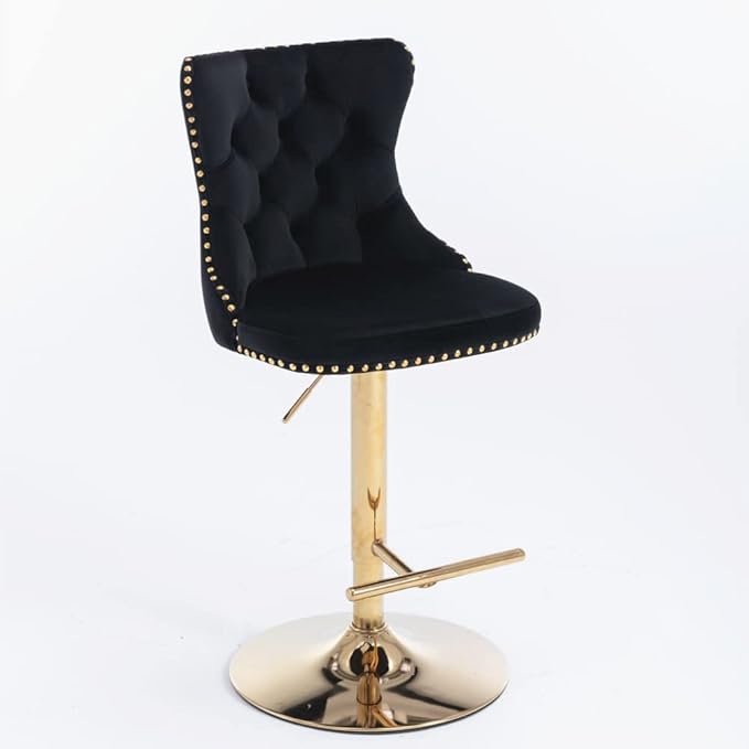 Modern Swivel Bar Stool with Adjustable Height and Tufted Upholstered Backrest for Kitchen Island, Home Bar, or Dining Area (Black + Velvet + Foam-1)