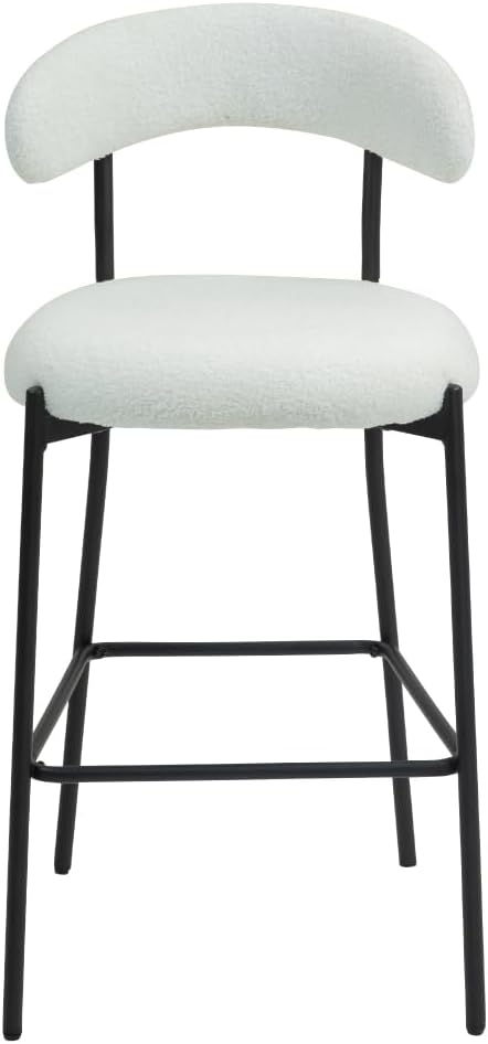 26" Counter Height Bar Stools - Teddy Fabric Upholstered Kitchen Island Stools with Black Powder-Coated Metal Base & Integrated Footrest, Modern Farmhouse Style(Snow)