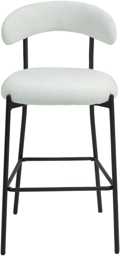 26" Counter Height Bar Stools - Teddy Fabric Upholstered Kitchen Island Stools with Black Powder-Coated Metal Base & Integrated Footrest, Modern Farmhouse Style(Snow)