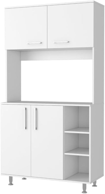 7 Shelf 4 Door 2 Kitchen Set, Kitchen Island and Cabinet White and Walnut QP267