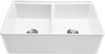 VEVOR 33x20 inch Farmhouse Sink, White Sink Workstation, Fireclay Undermount Basins, Apron Front Double Bowl Basin with Multiple Accessories, Large Capacity Household Dishwasher Sinks for Kitchen
