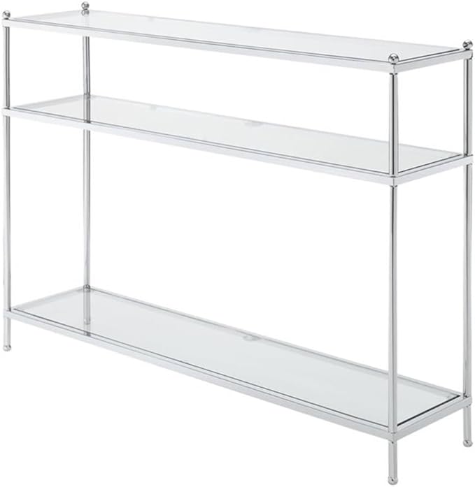 Convenience Concepts Royal Crest Glass Console Hall Table 42" - 3 Tier Modern, Contemporary Narrow Display Accent with Storage Shelves for Living Room, Entryway, Hallway, & Bedroom, Chrome