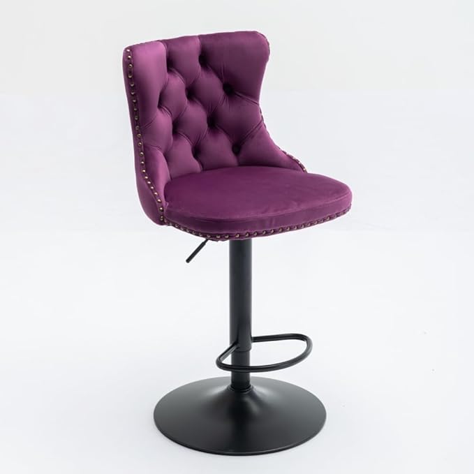 Adjustable Swivel Bar Stool with Tufted Velvet Upholstery, Chrome Base and Back Support for Kitchen Island, Home Bar or Pub (Purple + Velvet + Foam-1)