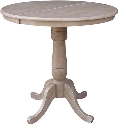 International Concepts 36" Round Top Pedestal Table with 12" Leaf-34.9" H-Dining or Counter Height, Washed Gray Taupe