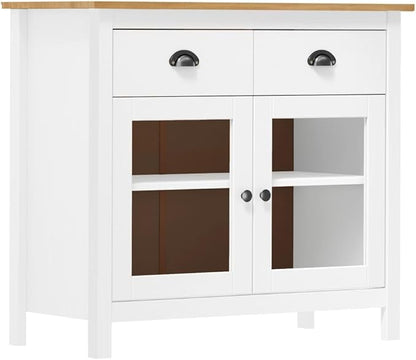 Modern Pine Wood Sideboard White & Honey Brown Buffet Cabinet 35.4 x 15.7 x 31.5 in with Glass Shelves & Drawers for Dining Room Living Room Kitchen Apartment