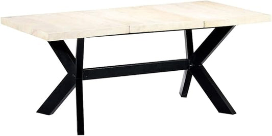 Dining Table 6 Seater Rectangular Solid Mango Wood Top 70.9x35.4x29.5 in Bleached White Black Steel Legs Modern Kitchen Room Furniture Sets