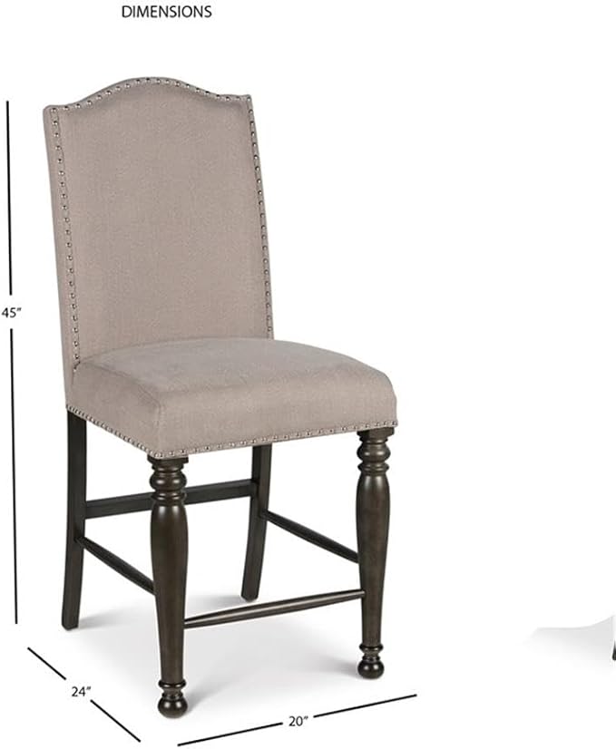 BOWERY HILL Counter Height Chair Set of 2, Harbor Gray Finish, Light Stone Fabric, 20" W x 24" D x 45" H, Shield Back with Nailhead Trim, Turned Legs, Stretchers, Kitchen Island or Bar Seating