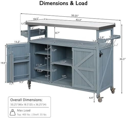 Bellemave Outdoor Kitchen Island with Stainless Steel Top, Rolling Bar Cart & Storage Cabinet, Outdoor Grill Cart with Spice & Towel Rack, Rolling Island Table for Kitchen & BBQ, Grey Blue