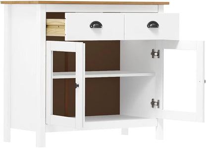 Modern Pine Wood Sideboard White & Honey Brown Buffet Cabinet 35.4 x 15.7 x 31.5 in with Glass Shelves & Drawers for Dining Room Living Room Kitchen Apartment