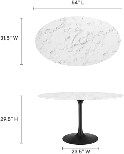 Modway Lippa 54" Oval-Shaped Mid-Century Modern Dining Table with Artificial Marble Top and Black Base