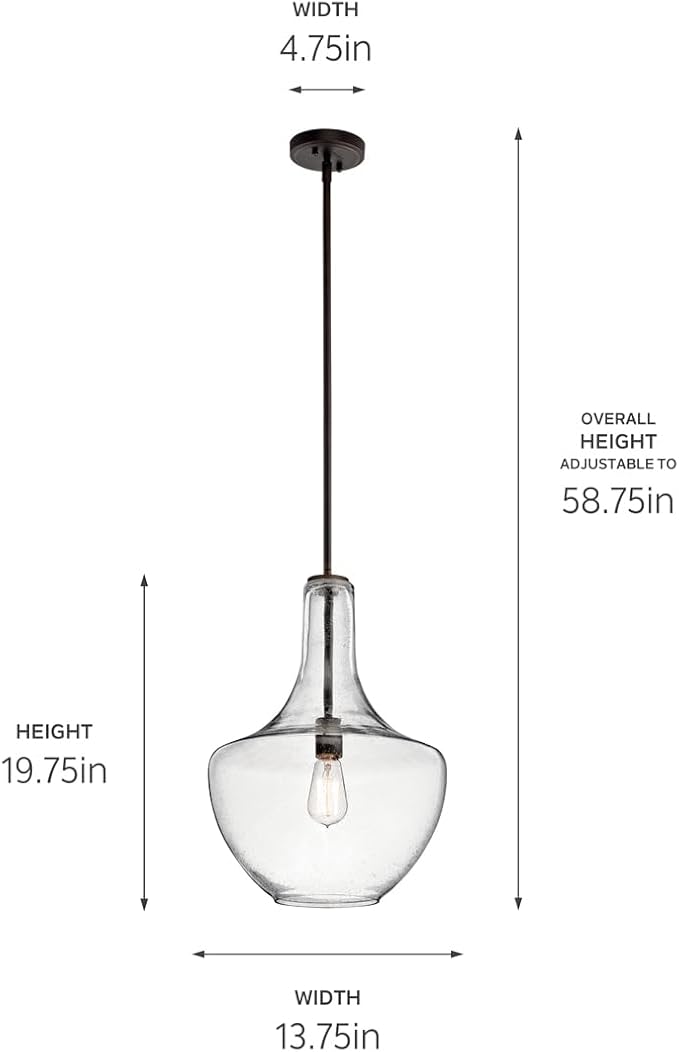 Kichler Everly 19.75" Kitchen Bell Pendant in Olde Bronze®, 1-Light Clear Glass Pendant Light, (19.75" H x 13.75" W), 42046OZ