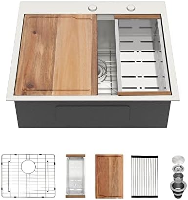 25x22 Drop In Kitchen Sink Workstation - Couoko 25 Inch 16 Gauge T304 Stainless Steel Drop In RV Bar Sink Large Deep Handmade Single Bowl Laundry Utility Sinks with Accessories, 25"x22"x9"