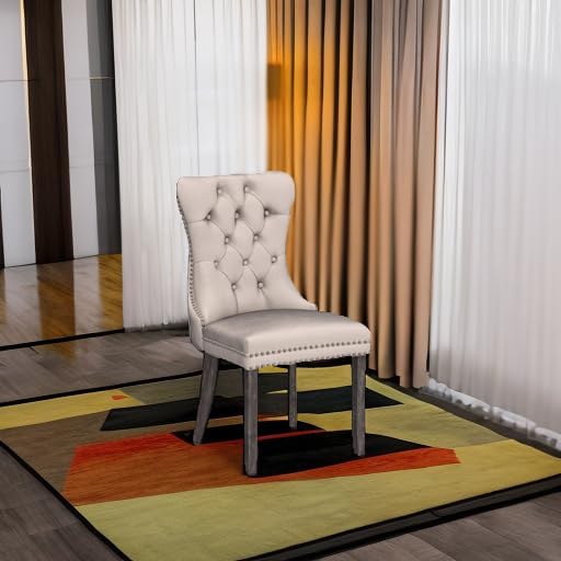 Eifizek Velvet Dining Chairs Set of 4, Upholstered Dining Room Chairs with Nailhead Ring Pull Trim, Button Tufted Wing Back Chairs for Dining with Solid Wood Legs for Kitchen Dining Room(Beige)