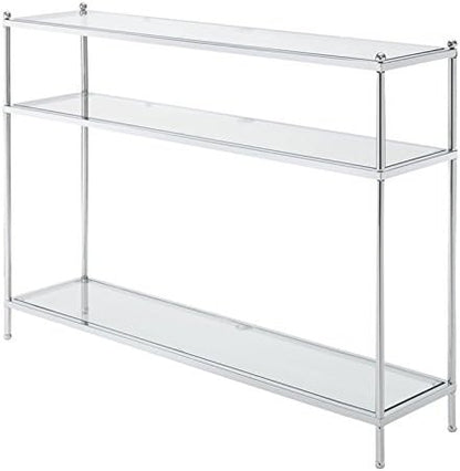 Convenience Concepts Royal Crest Glass Console Hall Table 42" - 3 Tier Modern, Contemporary Narrow Display Accent with Storage Shelves for Living Room, Entryway, Hallway, & Bedroom, Chrome