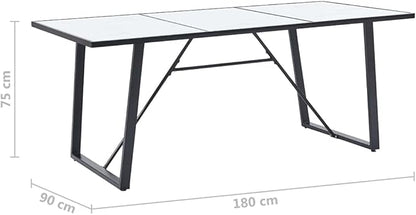 White Marble Pattern Dining Table, Modern Tempered Glass Kitchen Furniture for 6 People, Black Powder-Coated Steel Legs, 70.9x35.4, Indoor Dining Room Piece