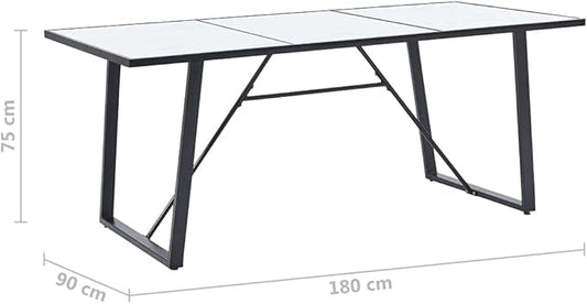 Modern Dining Table White Marble Pattern Rectangular Synthetic Tempered Glass Top Black Powder-Coated Steel Legs for Dining Room Kitchen Indoor Furniture Accommodates 6 People