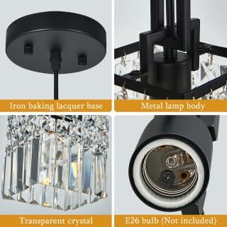Modern Crystal Pendant Light Kitchen Island Farmhouse Lamp Adjustable Height Hanging Lighting Square Black Chandelier Suitable for Kitchen Island Dining Room and Bedroom(3Pack)
