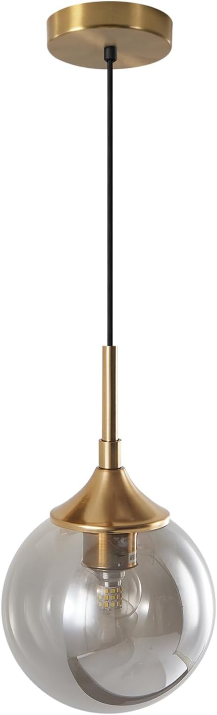 KCO Lighting Modern 1-Light Globe Pendant Light Mid Century Large Single Smoke Glass Hanging Light Brushed Brass Adjustable Pendant Light Fixture for Living Room Kitchen Island