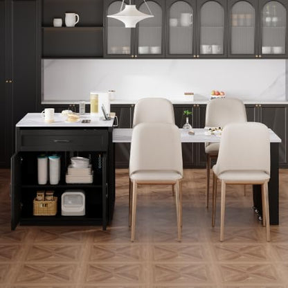 Kitchen Island with Extendable Dining, 82.7" Mobile Kitchen Storage Islands with Double-Sized Storage, Rolling Kitchen Cart with Power Outlet, Cabinet & 2 Drawers & 2 Side Open Shelves (Black)