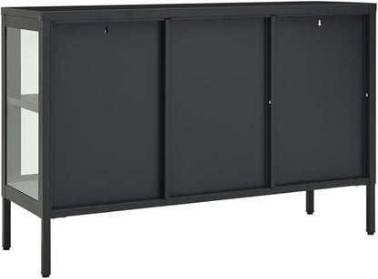 Anthracite Sideboard, Powder-Coated Steel, Tempered Glass Doors, 13.8x41.3x27.6 in. Modern Storage Cabinet for Living Room, Dining Room, Home Office Kitchen Furniture