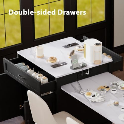 Kitchen Island with Extendable Dining, 82.7" Mobile Kitchen Storage Islands with Double-Sized Storage, Rolling Kitchen Cart with Power Outlet, Cabinet & 2 Drawers & 2 Side Open Shelves (Black)