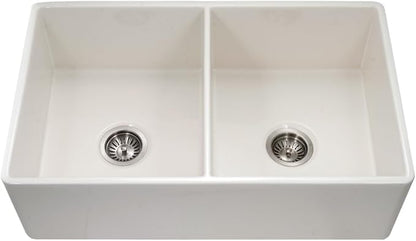 Houzer Platus Fireclay Series 33" Double Bowl Apron Front/Undermount, Chip And Crack Resistant Kitchen Sink, PTD-4400 BQ