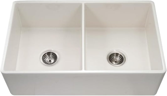 Houzer Platus Fireclay Series 33" Double Bowl Apron Front/Undermount, Chip And Crack Resistant Kitchen Sink, PTD-4400 BQ