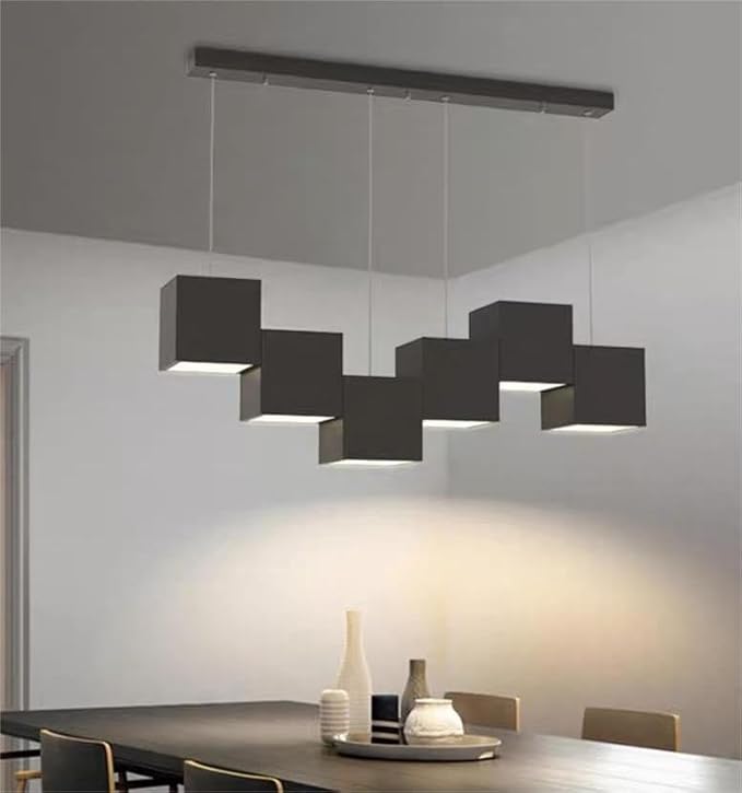 Modern Black Kitchen Island Lighting, Linear Chandeliers for Dining Room 6-Light Square Ceiling Hanging Pendant Light