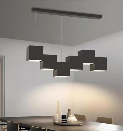 Modern Black Kitchen Island Lighting, Linear Chandeliers for Dining Room 6-Light Square Ceiling Hanging Pendant Light