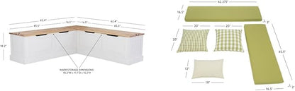 Linon Tobin Natural & White Dining Nook with Hidden Storage Spaces Includes Apple Green Cushion Set and Pillows