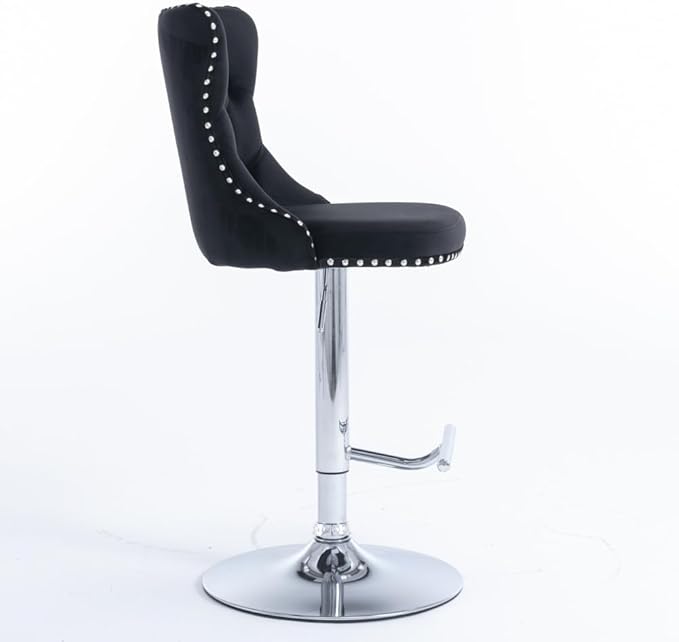Adjustable Swivel Bar Stool with Tufted Velvet Upholstery, Chrome Base and Back Support for Kitchen Island, Home Bar or Pub (Black + Velvet + Foam-3)