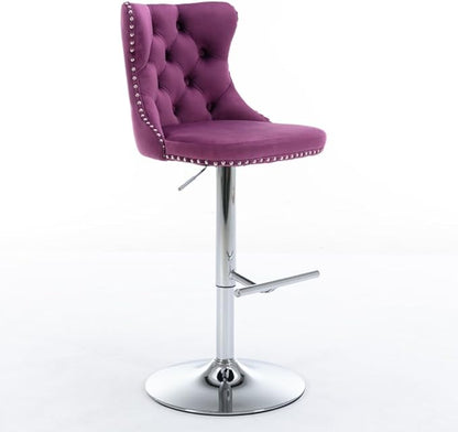 Modern Swivel Bar Stool with Adjustable Height and Tufted Upholstered Backrest for Kitchen Island, Home Bar, or Dining Area (Purple + Velvet + Foam)