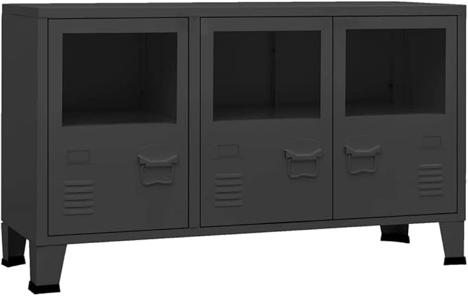 Black Metal & Glass Sideboard 41.3"x13.8"x24.4" Matte Industrial Liquor Cabinet Buffet Storage for Living Room, Dining Area, Kitchen Coffee Bar & Home