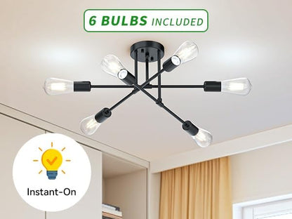 Modern Sputnik Chandelier Ceiling Light Fixtures, 6-Lights 22” Mid Century Industrial Metal Semi Flush Mount for Dining Room, Bedroom, Living Room, 6 T64 Bulbs