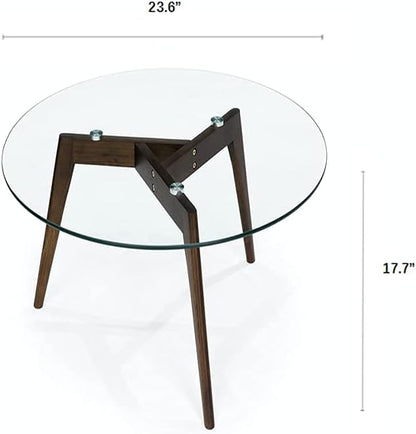 Round Tempered Glass End Table, Round Mid Century Coffee Table, Minimalist Small Coffee Table for Small Spaces Living Room Office, with Triskele Walnut Wood Legs (23.6" D x 17.7" H)