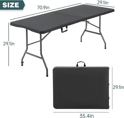 FDW 6 Foot Outdoor Dining Table, Foldable Portable Rectangular Plastic Folding Table with Built in Carrying Handle for Party and Wedding Use, Black