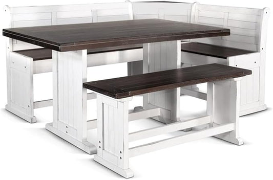 Pemberly Row Farmhouse Wood Kitchen Corner Counter Height Breakfast Dining Nook Set, Corner Conversation Booth Bench with Hidden Storage in White and Brown